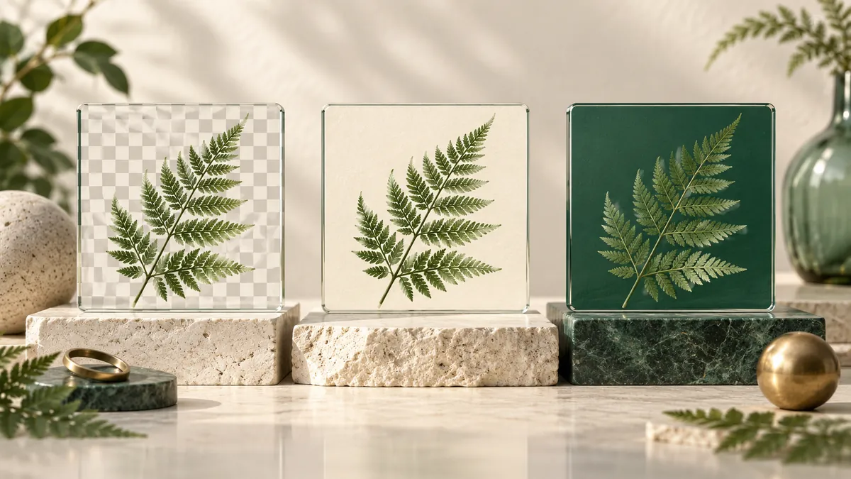 Fern layers on checkerboard, light and dark backgrounds illustrate alpha and opacity.